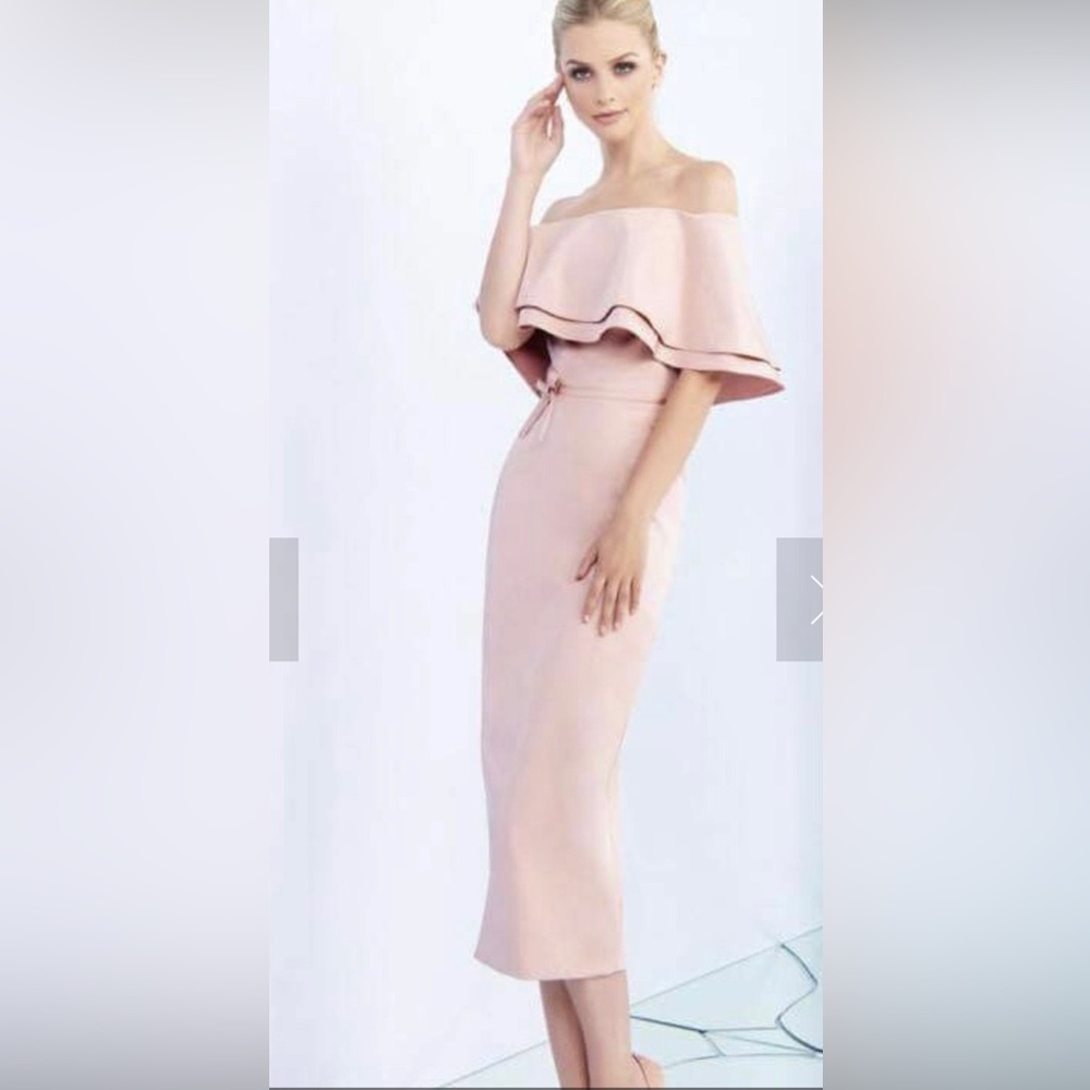 Ieena for Mac Duggal off Shoulder Pink Ruffle Midi Dress